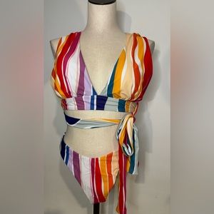 2 piece bikini high waisted stripped - Size Medium NWOT